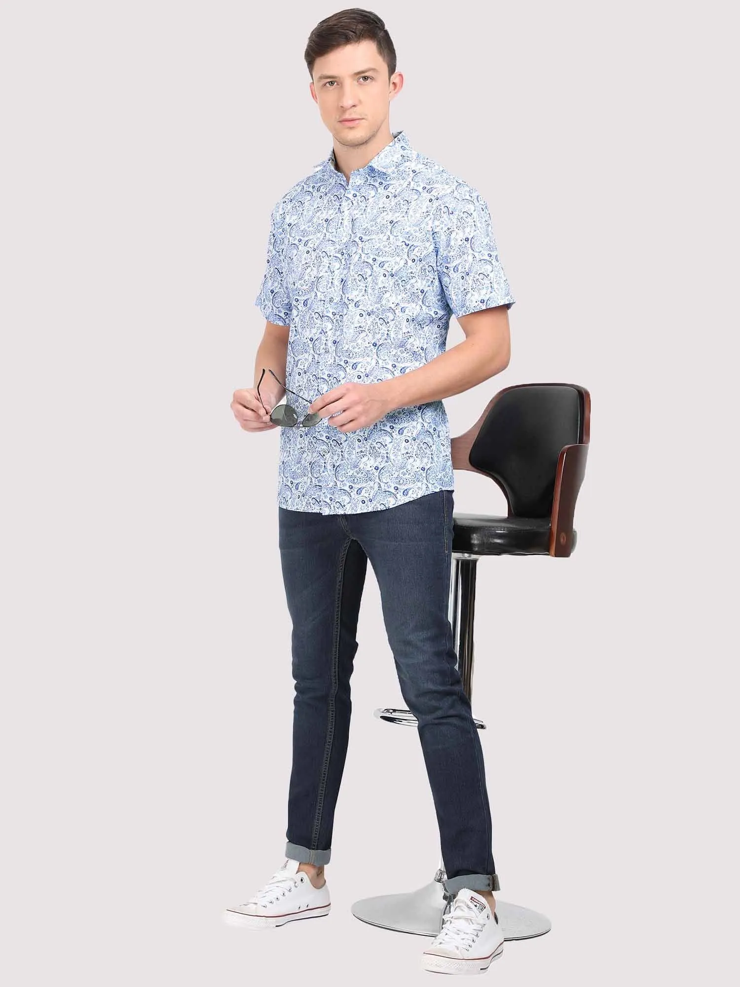 Indigo Paisley Digital Printed Half Shirt