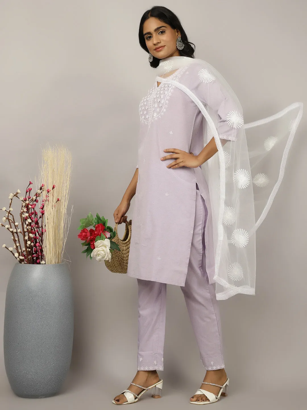 Lavender Sequin Embroidered Cotton Suit Set