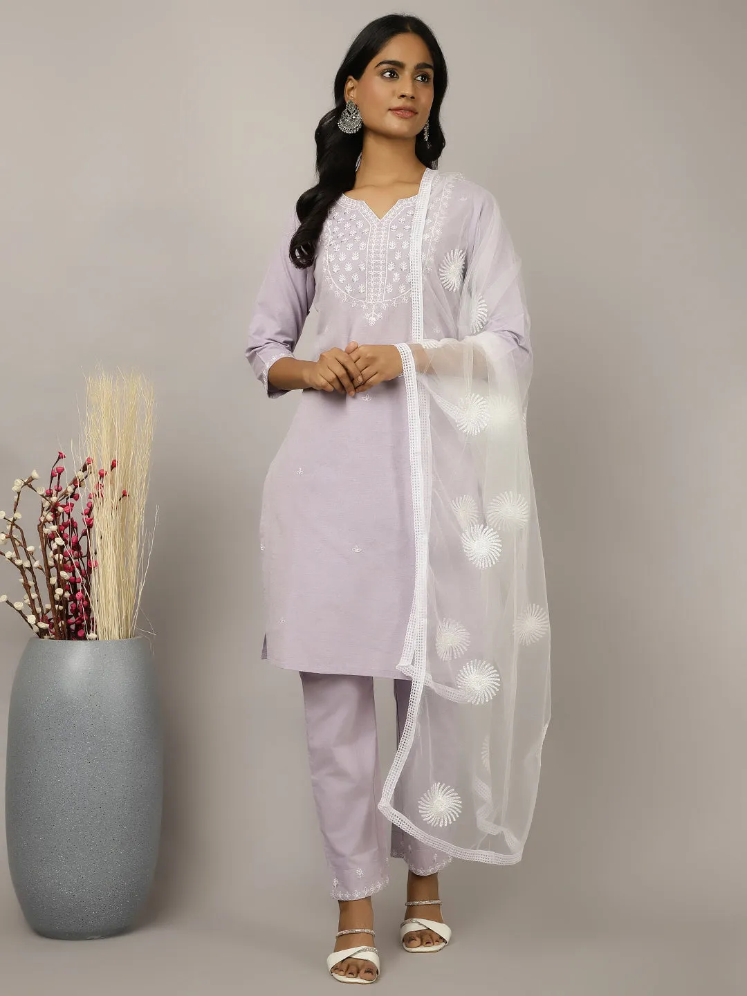 Lavender Sequin Embroidered Cotton Suit Set