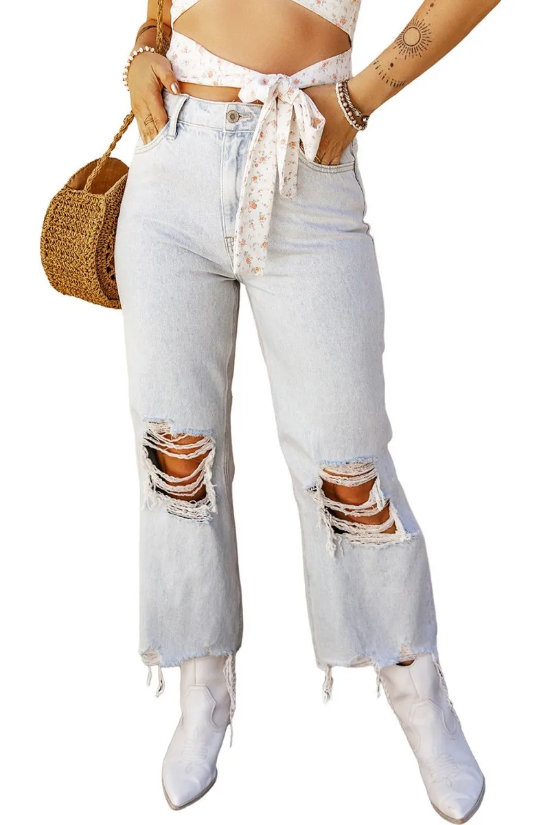 Melinda High Rise Ripped Frayed Straight Denim