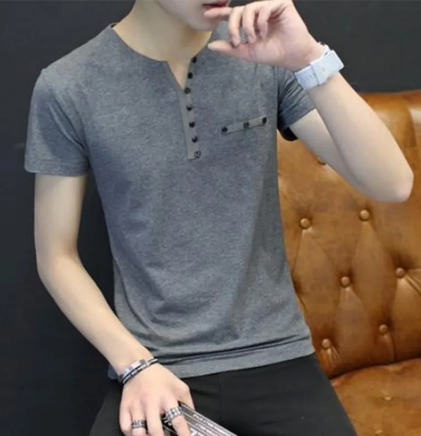 Mens Casual Slim Fit T Shirt with Buttons Details