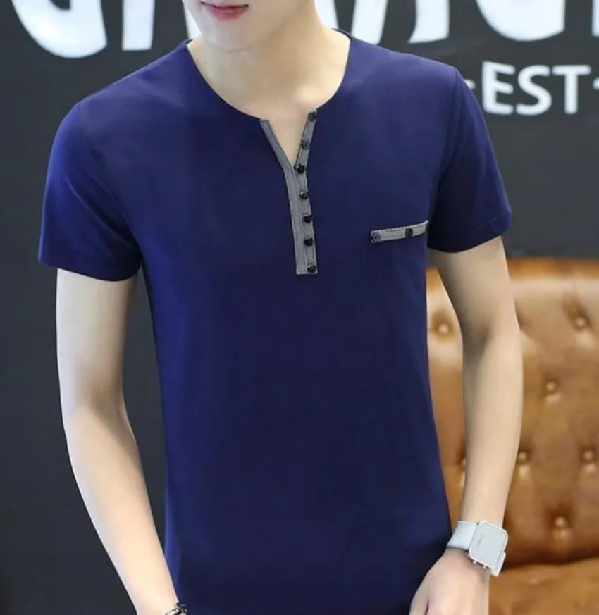 Mens Casual Slim Fit T Shirt with Buttons Details