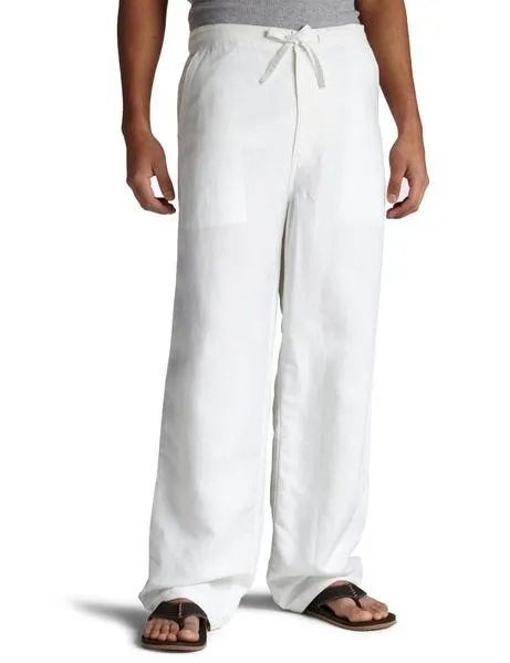 Mens Cubavera Solid Drawstring Elastic Linen Pants - C85B0063-WHITE