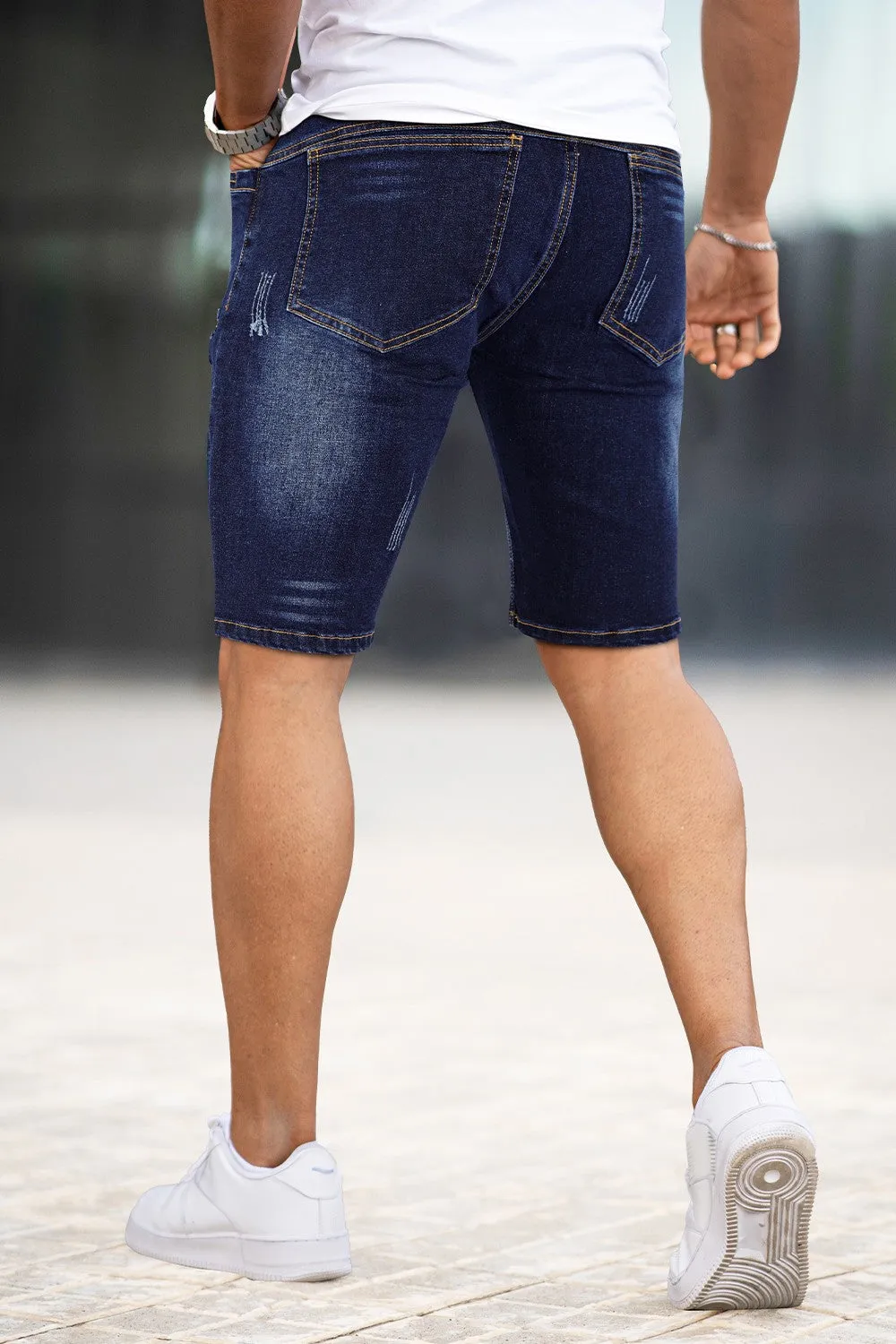 Men's Denim Short - Ripped And Dark Blue