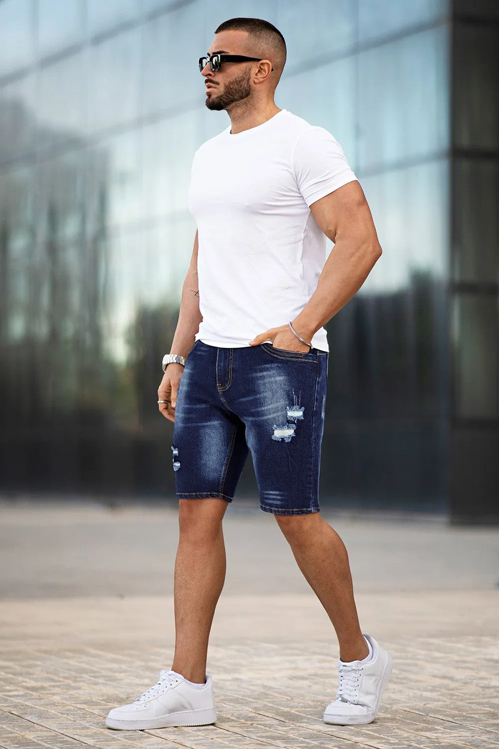 Men's Denim Short - Ripped And Dark Blue