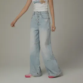 Multi-Button Ripped Wide Jeans