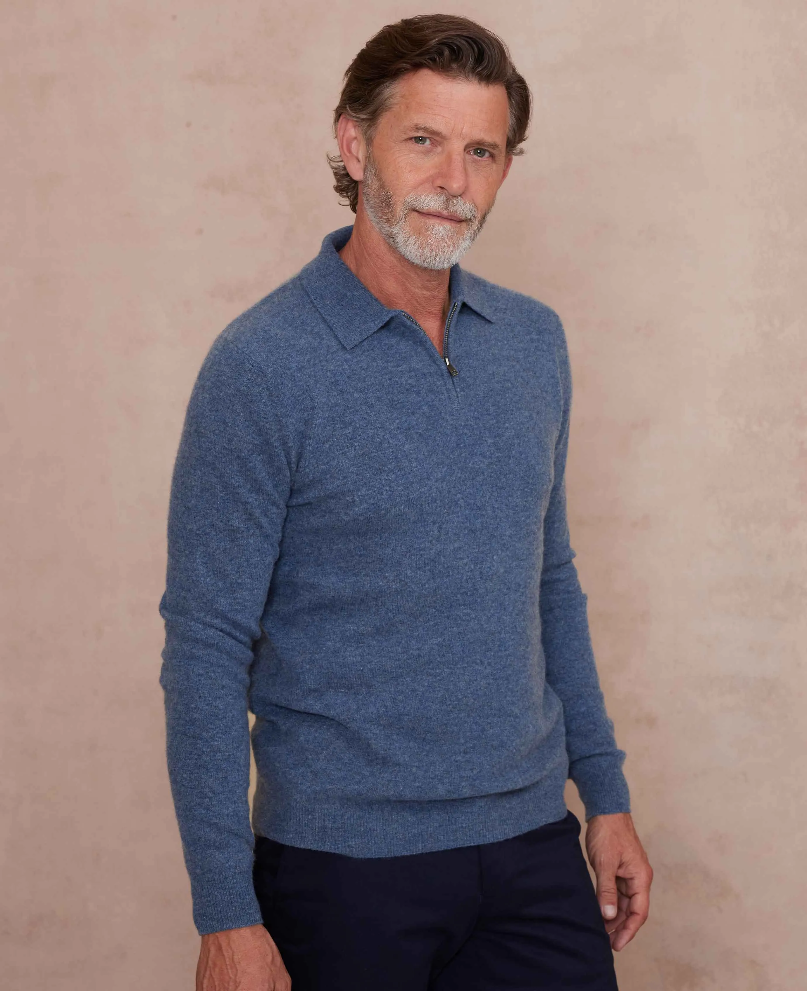 Navy Blue Merino Wool Cashmere Zip Neck Long Sleeve Polo Shirt