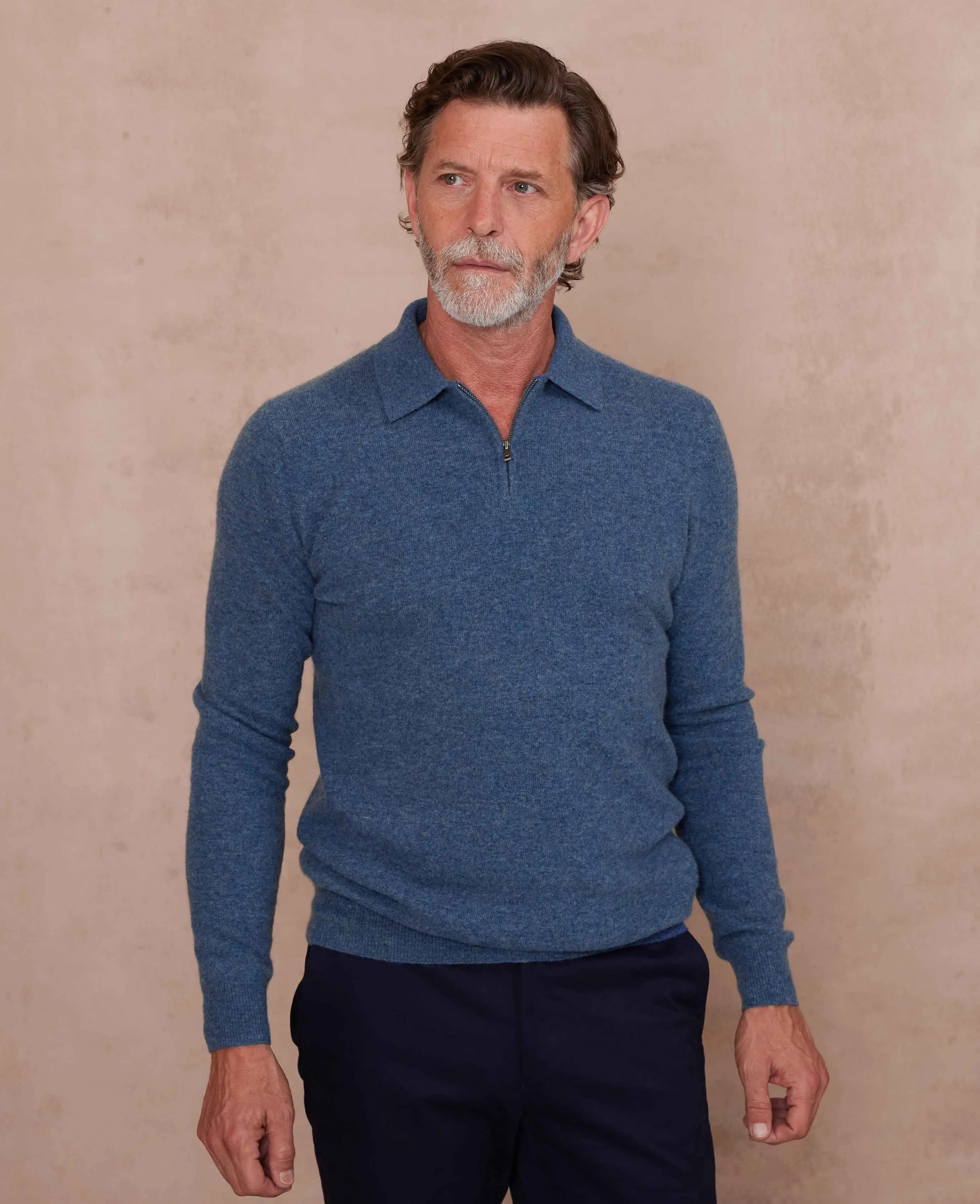 Navy Blue Merino Wool Cashmere Zip Neck Long Sleeve Polo Shirt