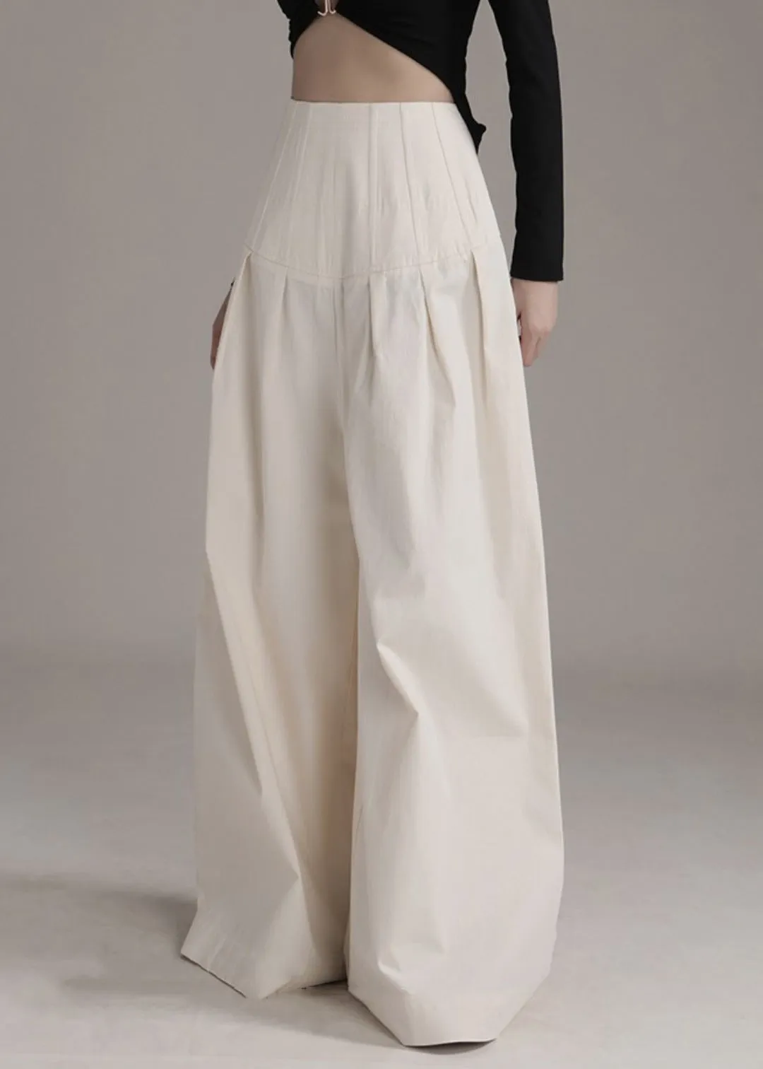 New Beige Zippered High Waist Cotton Wide Leg Pants Summer AS1090