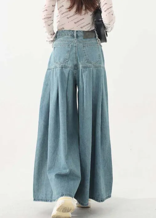 New Blue Pockets High Waist Denim Wide Leg Pants Spring AB1059