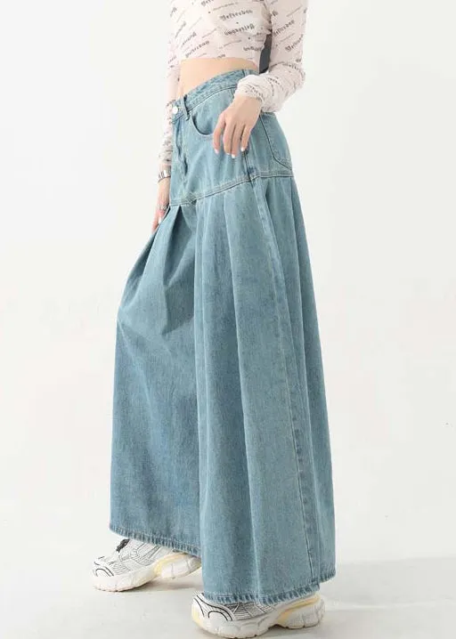 New Blue Pockets High Waist Denim Wide Leg Pants Spring AB1059