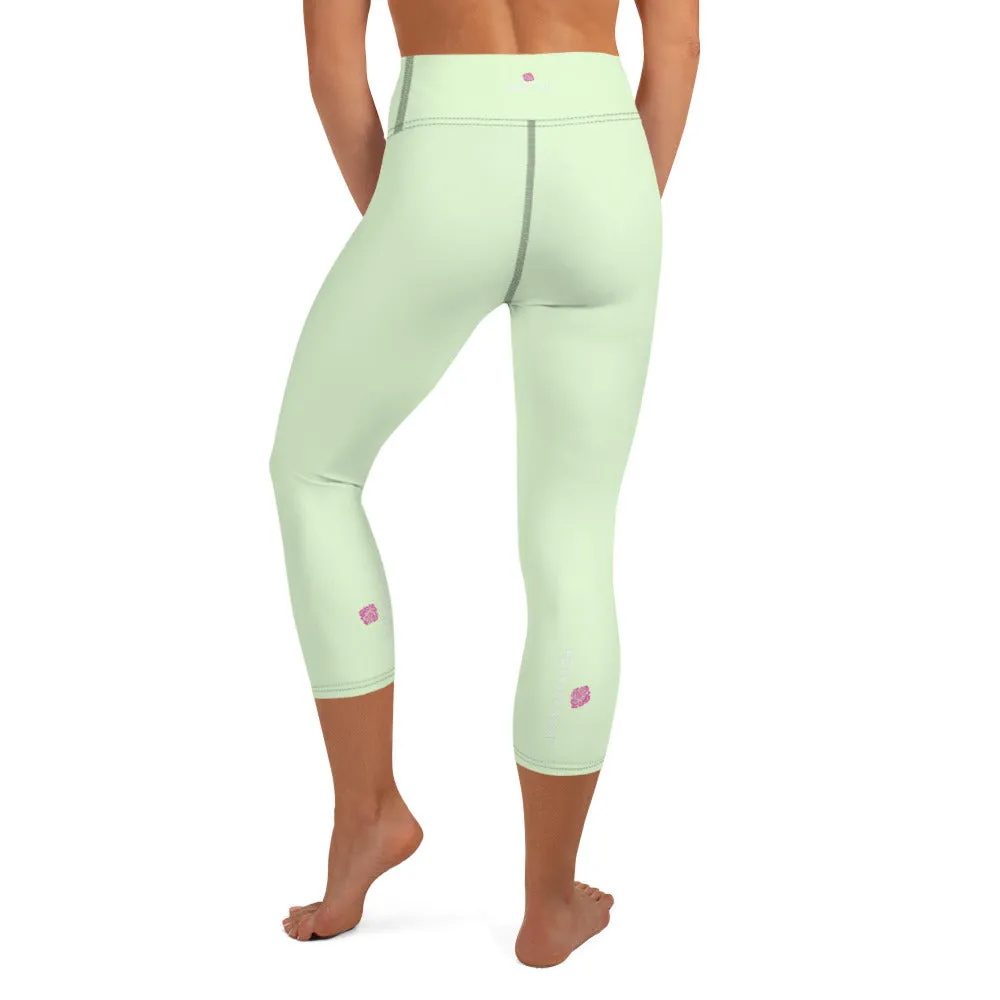 Pastel Green Yoga Capri Leggings, Solid Pale Green Color Women's Tights-Made in USA/EU/MX