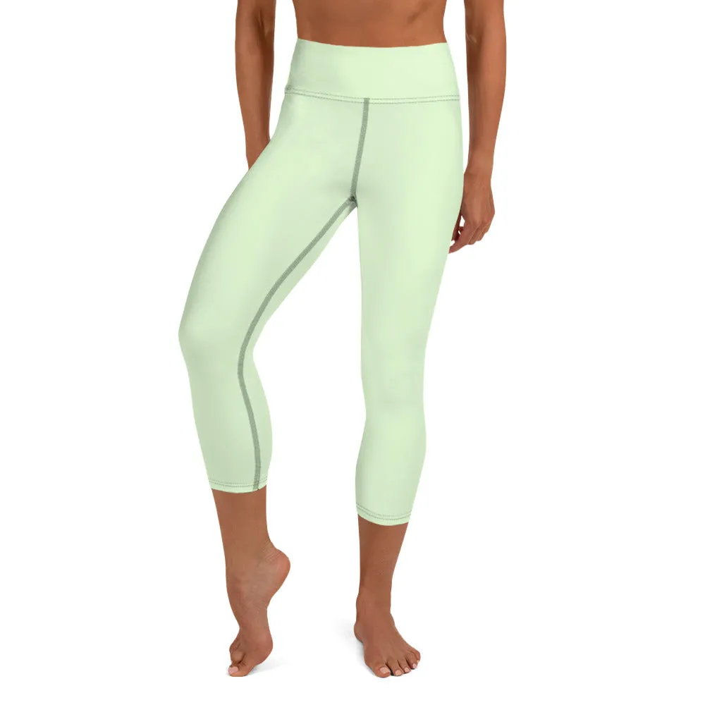 Pastel Green Yoga Capri Leggings, Solid Pale Green Color Women's Tights-Made in USA/EU/MX