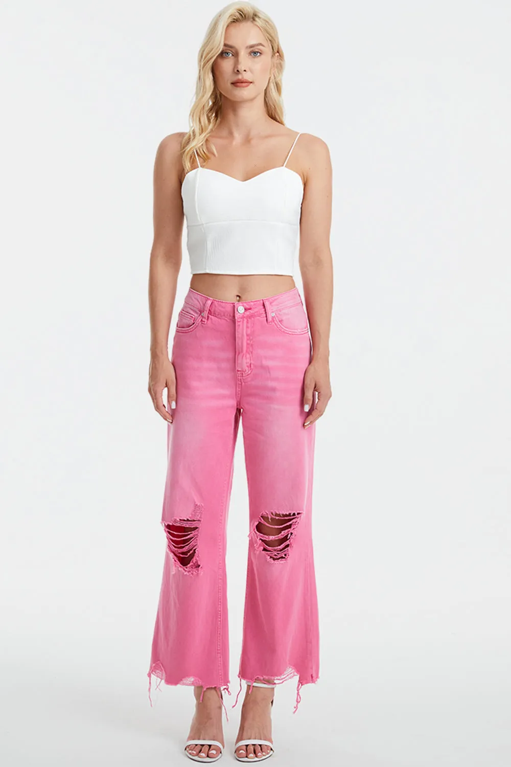 Pink High Waist Ripped Denim Jeans 100% Cotton Premium Luxury Distressed Petite and Plus Size Fashion Pants KESLEY