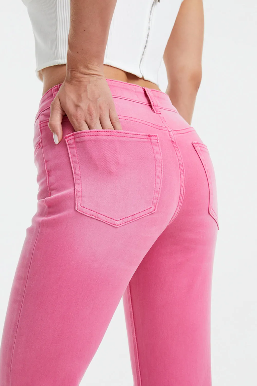 Pink High Waist Ripped Denim Jeans 100% Cotton Premium Luxury Distressed Petite and Plus Size Fashion Pants KESLEY