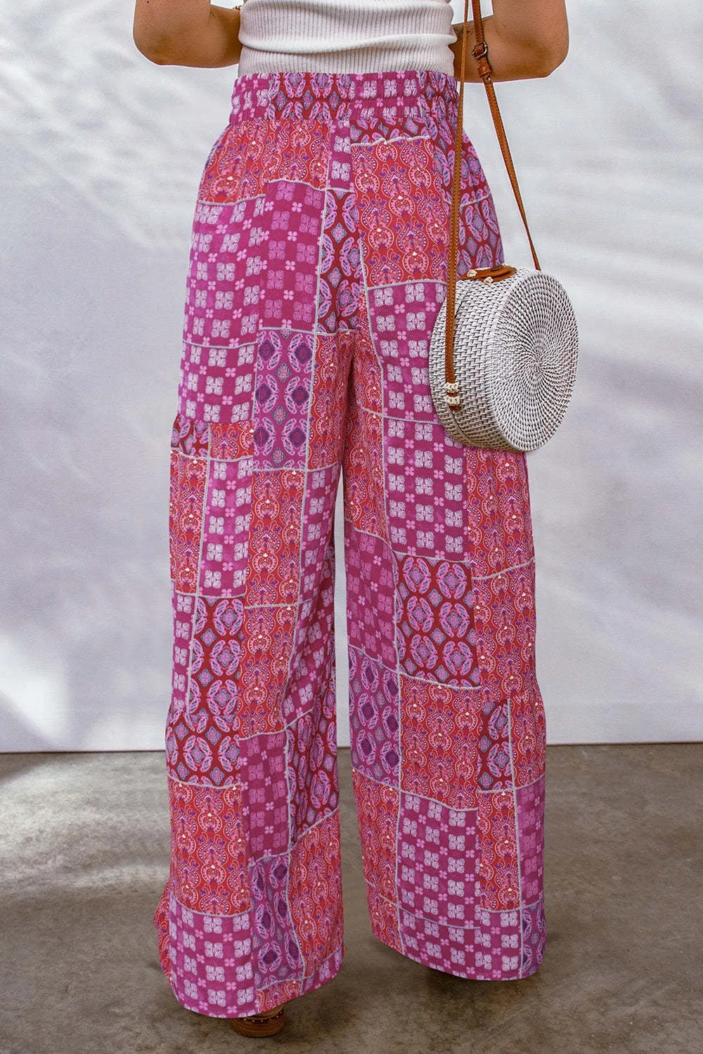 Plus Size Drawstring Printed Wide Leg Pants