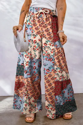 Plus Size Drawstring Printed Wide Leg Pants