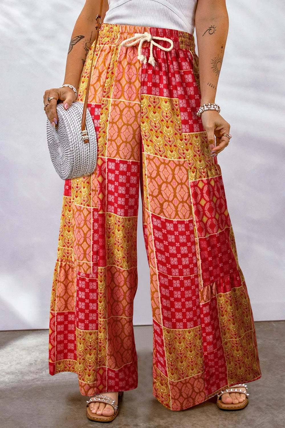 Plus Size Drawstring Printed Wide Leg Pants