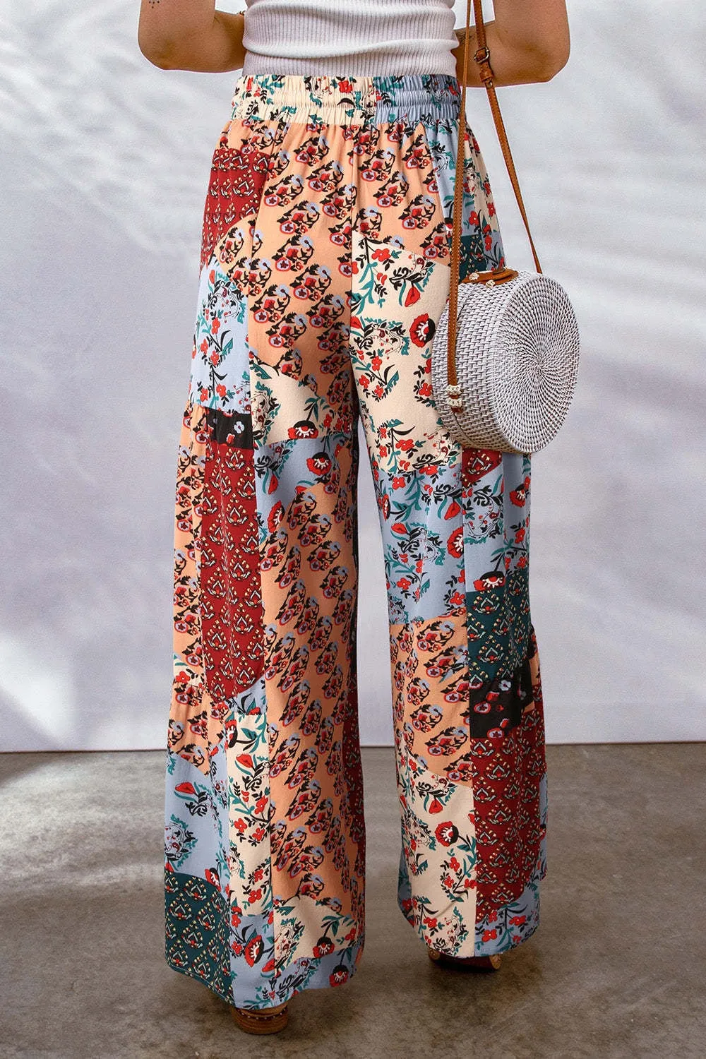 Plus Size Drawstring Printed Wide Leg Pants