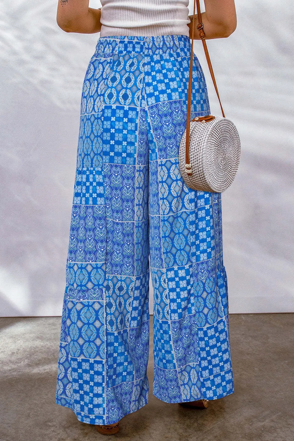 Plus Size Drawstring Printed Wide Leg Pants