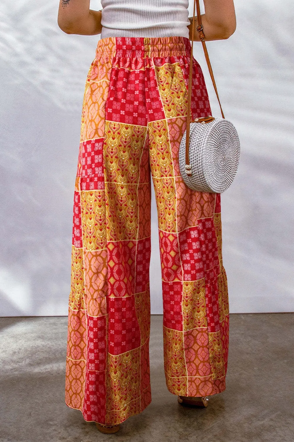 Plus Size Drawstring Printed Wide Leg Pants