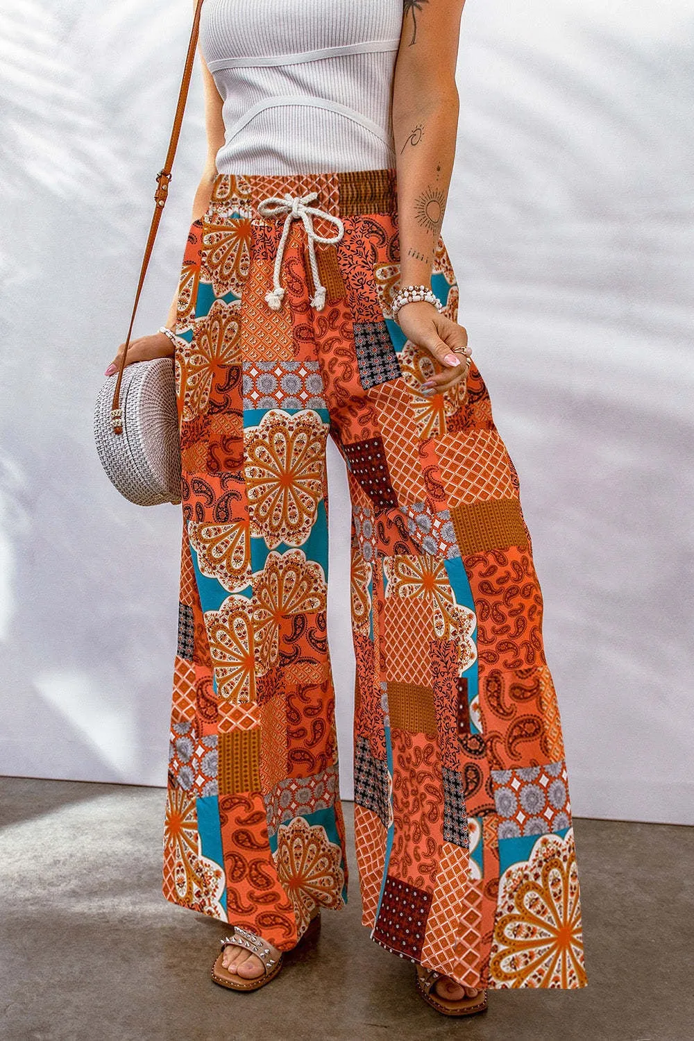 Plus Size Drawstring Printed Wide Leg Pants