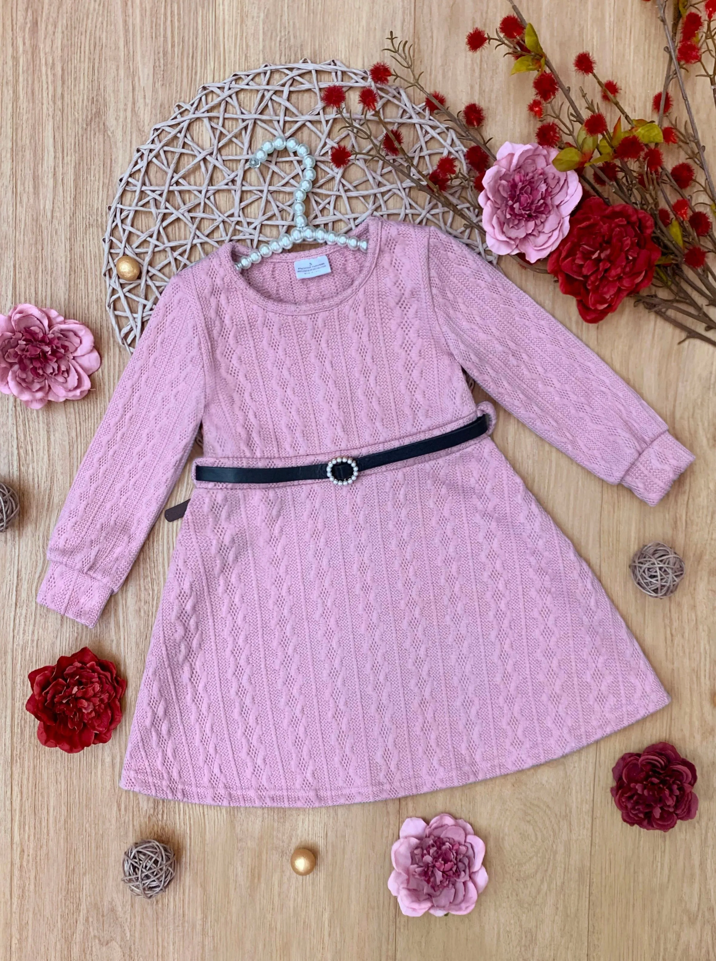 Pretty in Pink Cable Knit Belted Sweater Dress