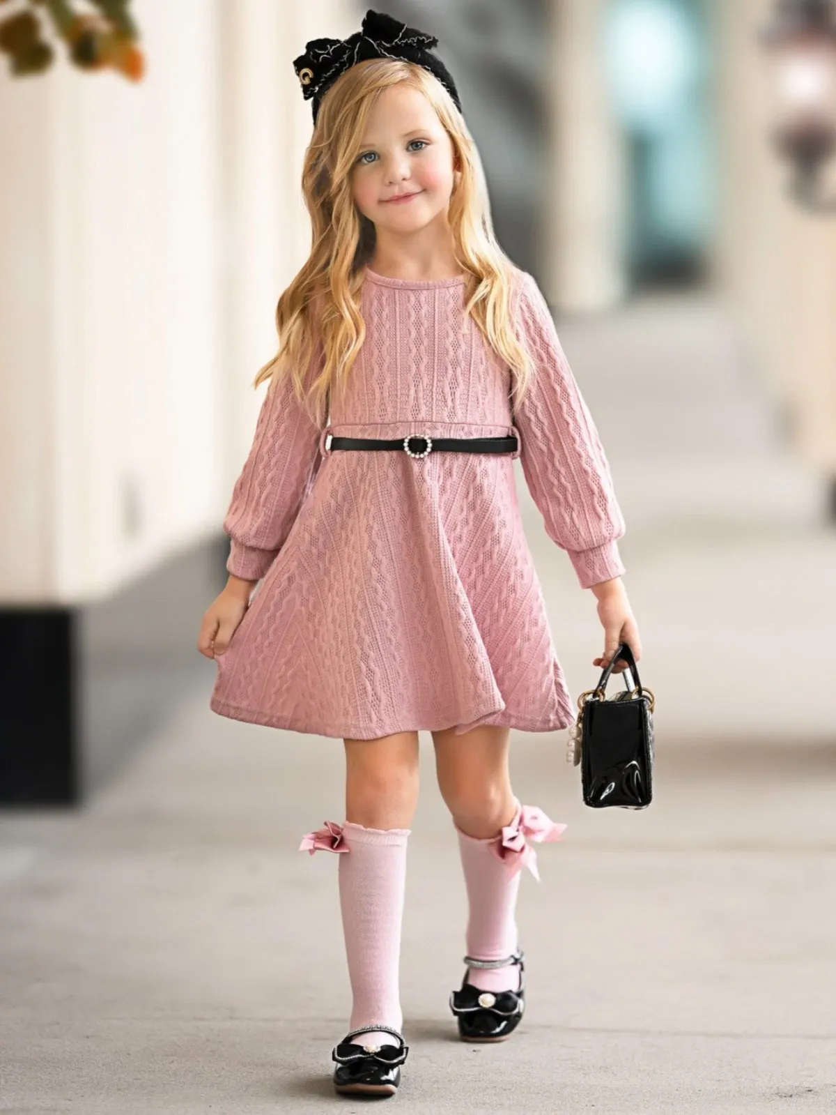 Pretty in Pink Cable Knit Belted Sweater Dress