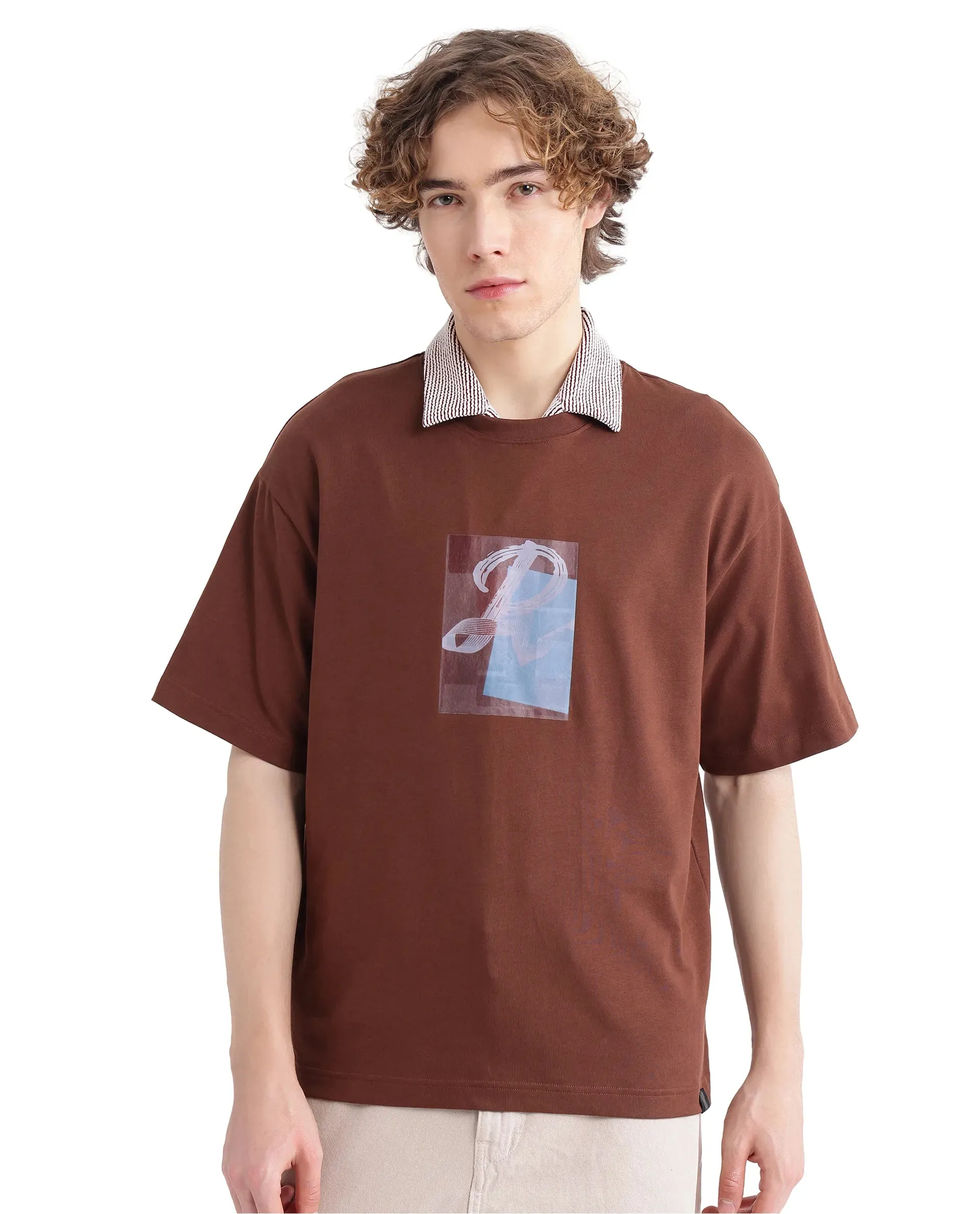 Rare Rabbit Men Justin Brown Cotton Fabric Short Sleeve Crew Neck Graphic Print T-Shirt