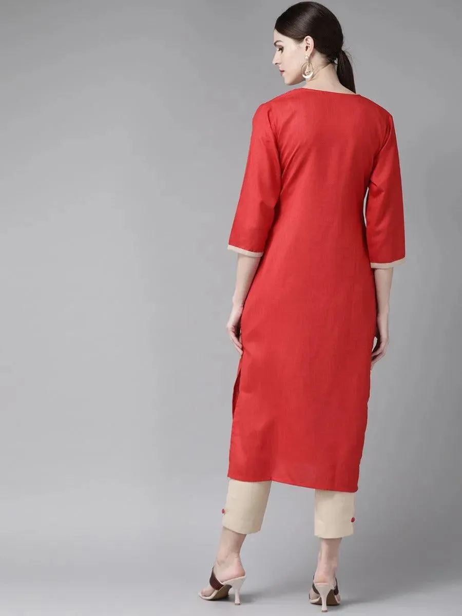 Red Embroidered Cotton Straight Kurta With Trousers