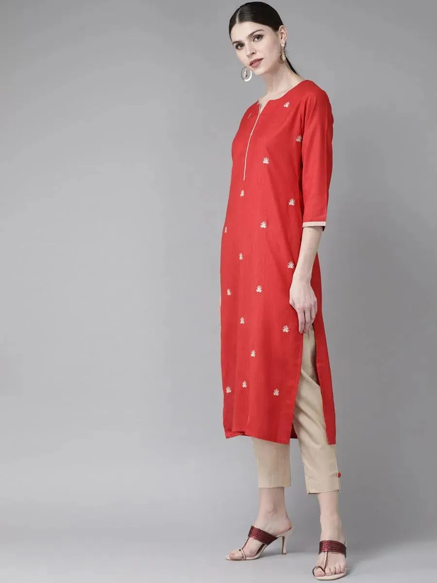 Red Embroidered Cotton Straight Kurta With Trousers