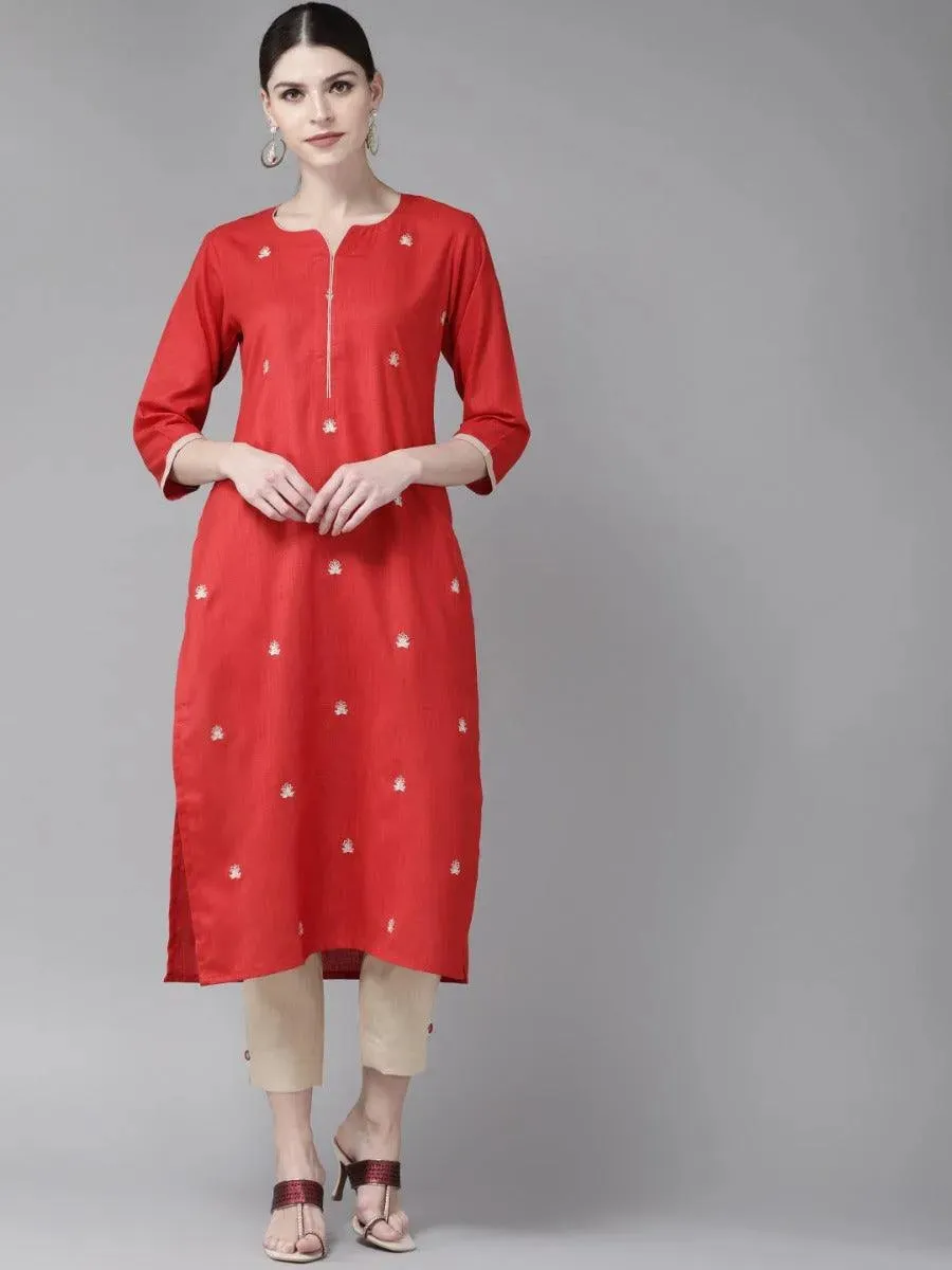 Red Embroidered Cotton Straight Kurta With Trousers