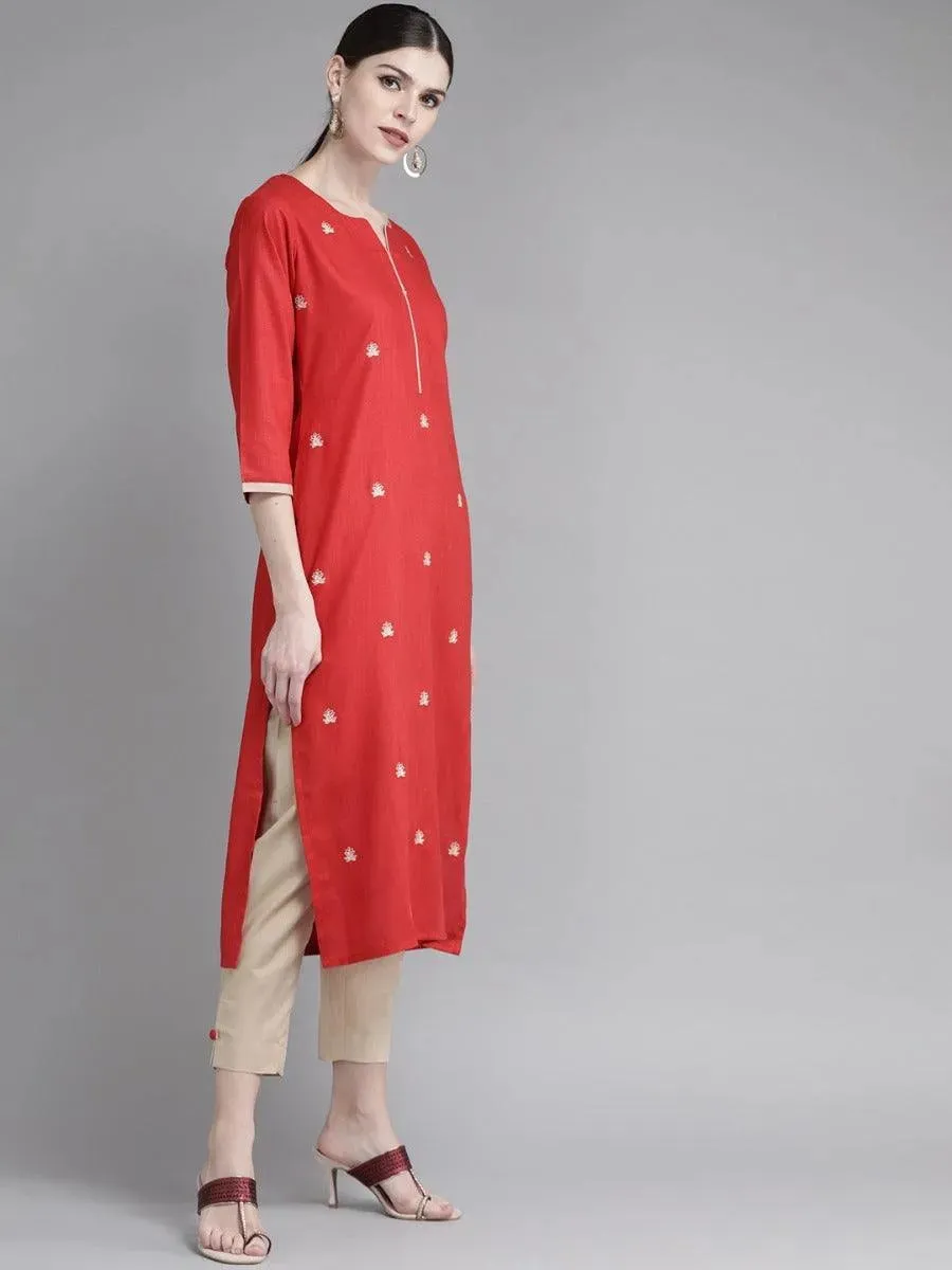 Red Embroidered Cotton Straight Kurta With Trousers