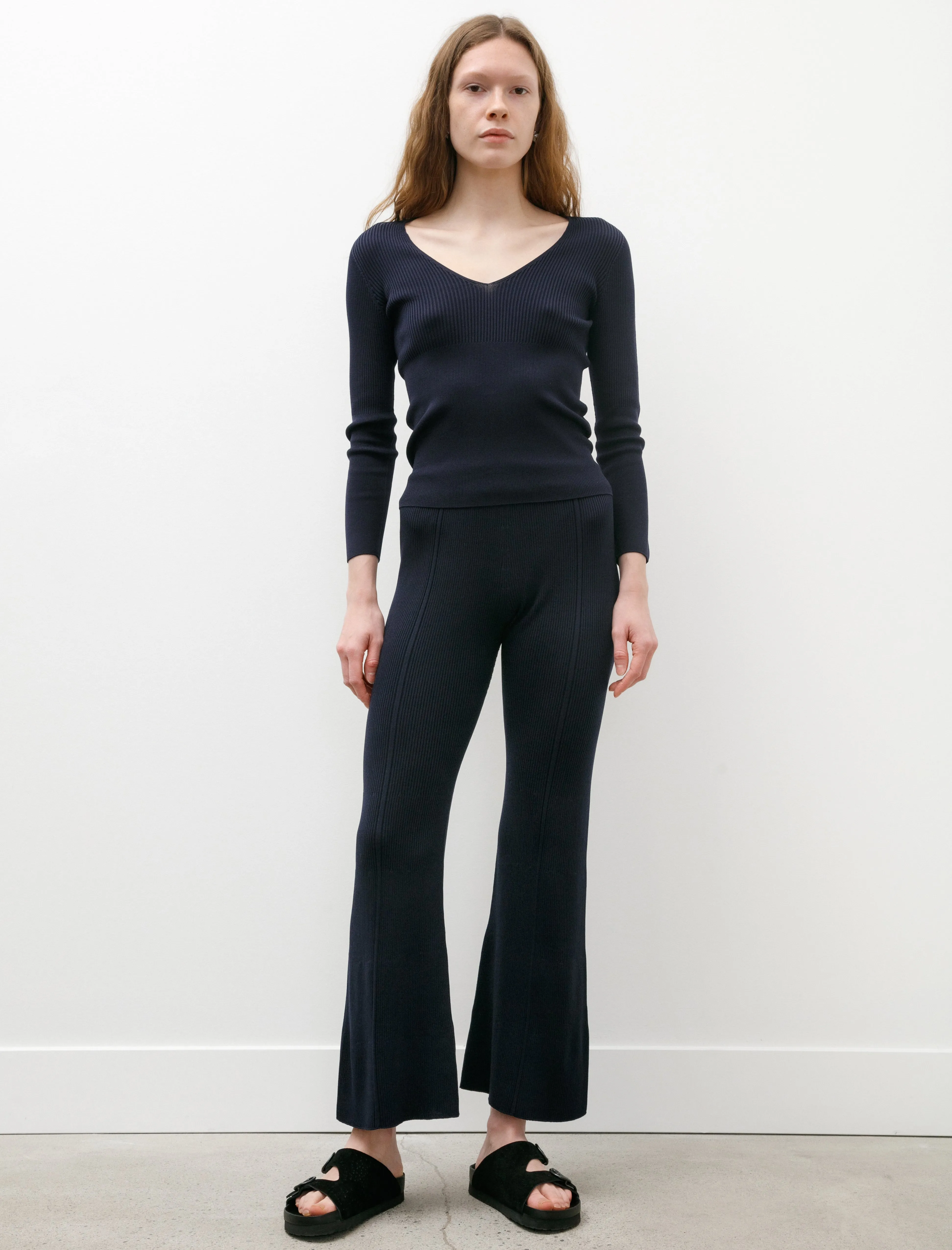 Rib Tight Flare Pants Navy