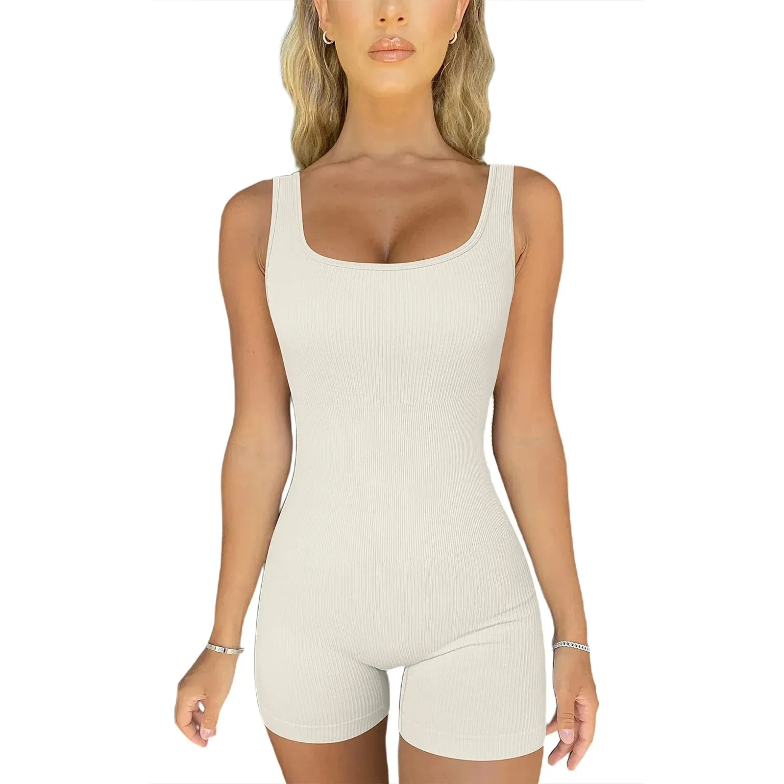 Ribbed Square Neck Sleeveless Sexy Unitard Bodycon Workout Seamless Romper