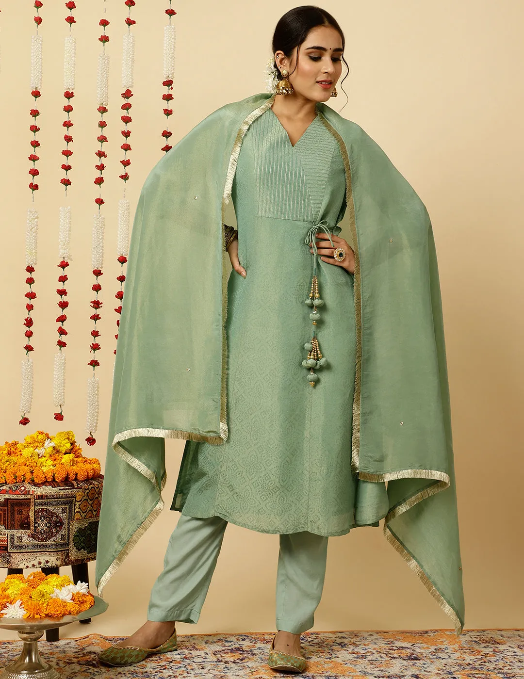 Sea Green A-line Silk Kantha Work Kurta With Pants And Dupatta