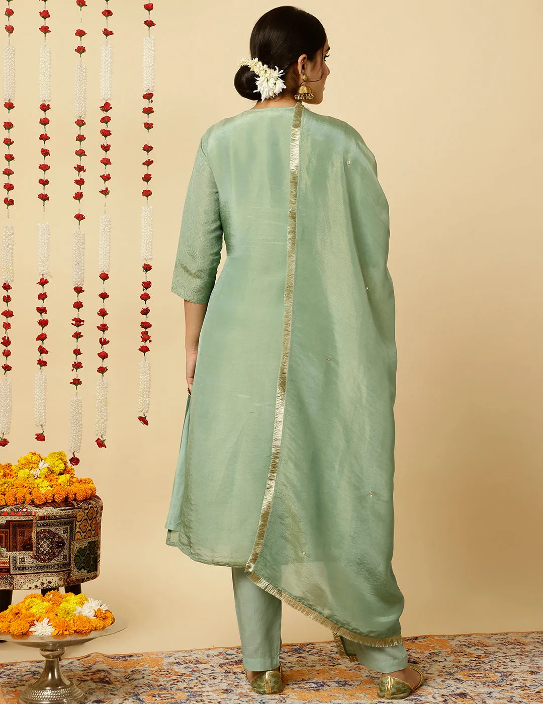 Sea Green A-line Silk Kantha Work Kurta With Pants And Dupatta