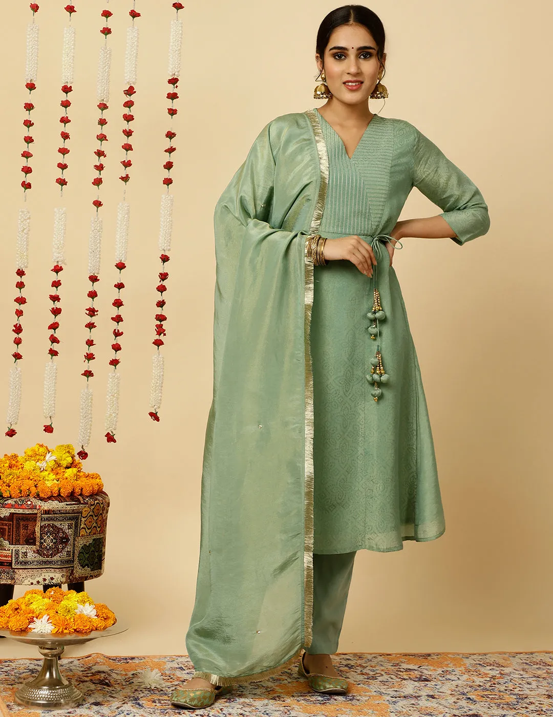 Sea Green A-line Silk Kantha Work Kurta With Pants And Dupatta