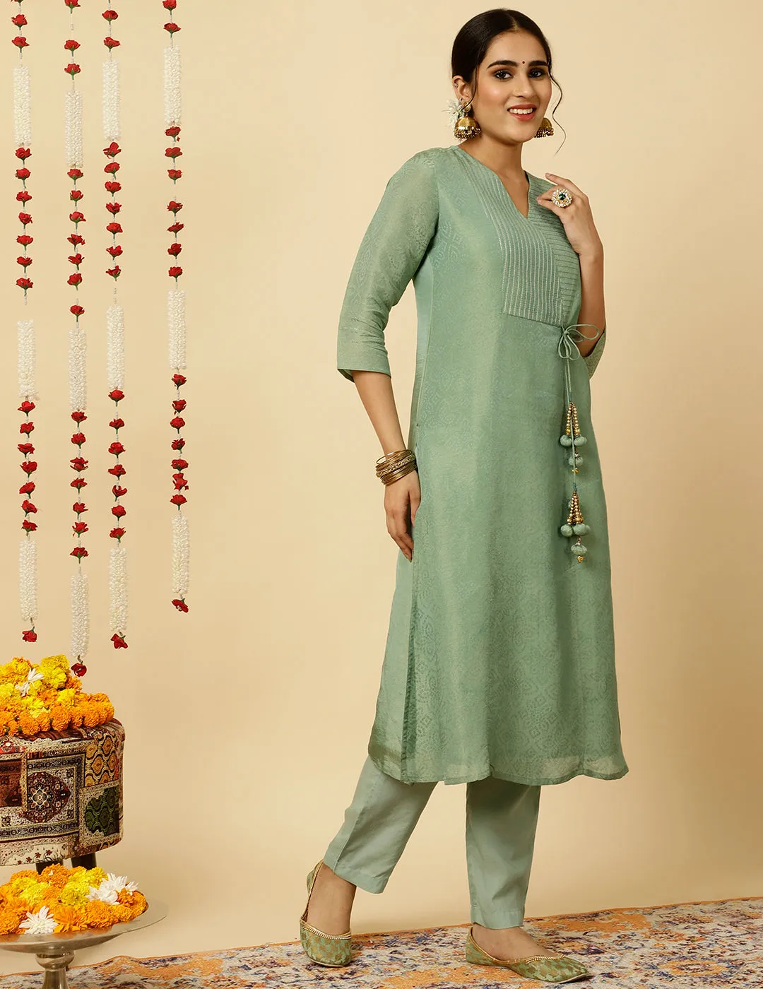 Sea Green A-line Silk Kantha Work Kurta With Pants And Dupatta