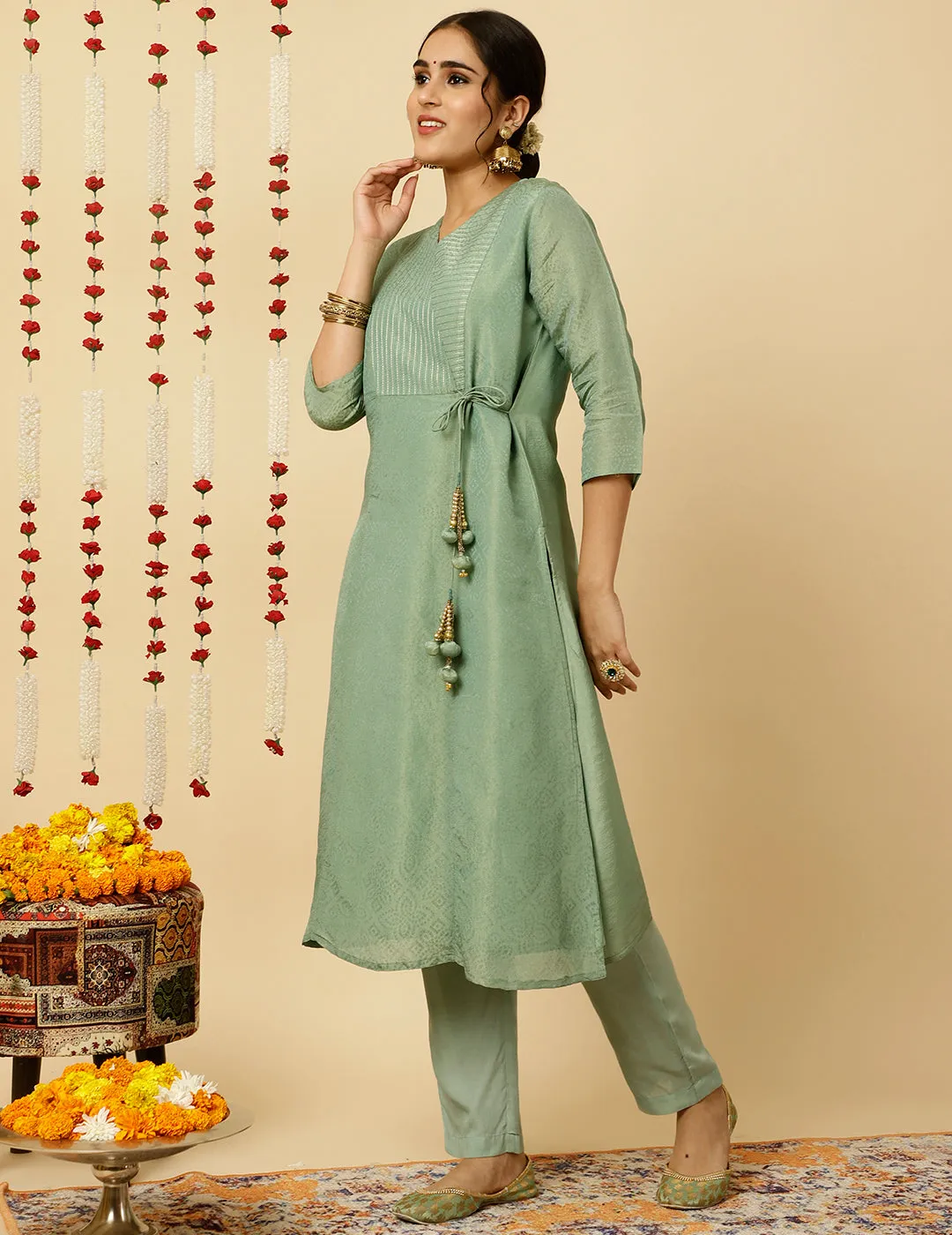 Sea Green A-line Silk Kantha Work Kurta With Pants And Dupatta