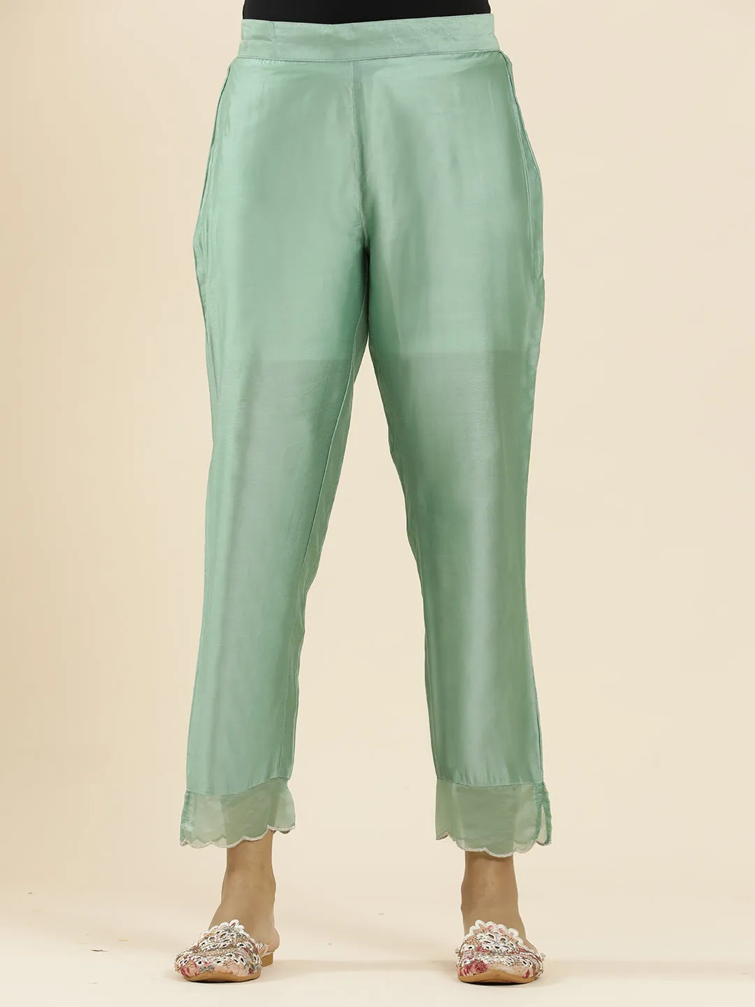 Sea Green Aari Work Straight Kurta With Pants And Dupatta