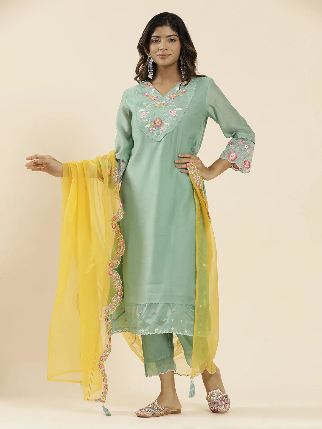 Sea Green Aari Work Straight Kurta With Pants And Dupatta