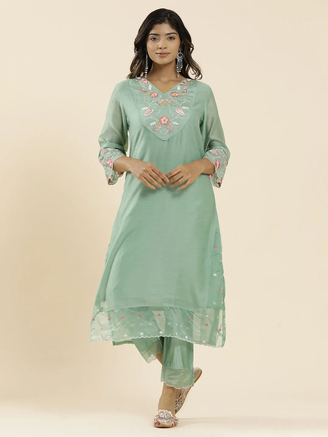 Sea Green Aari Work Straight Kurta With Pants And Dupatta