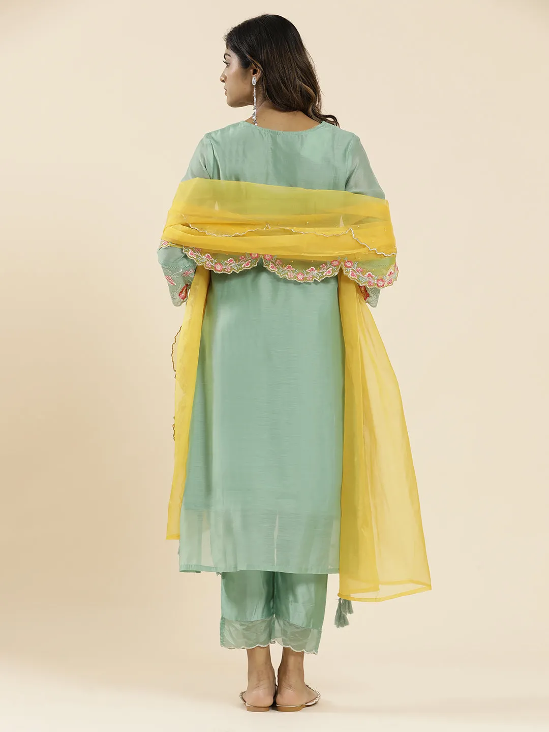 Sea Green Aari Work Straight Kurta With Pants And Dupatta