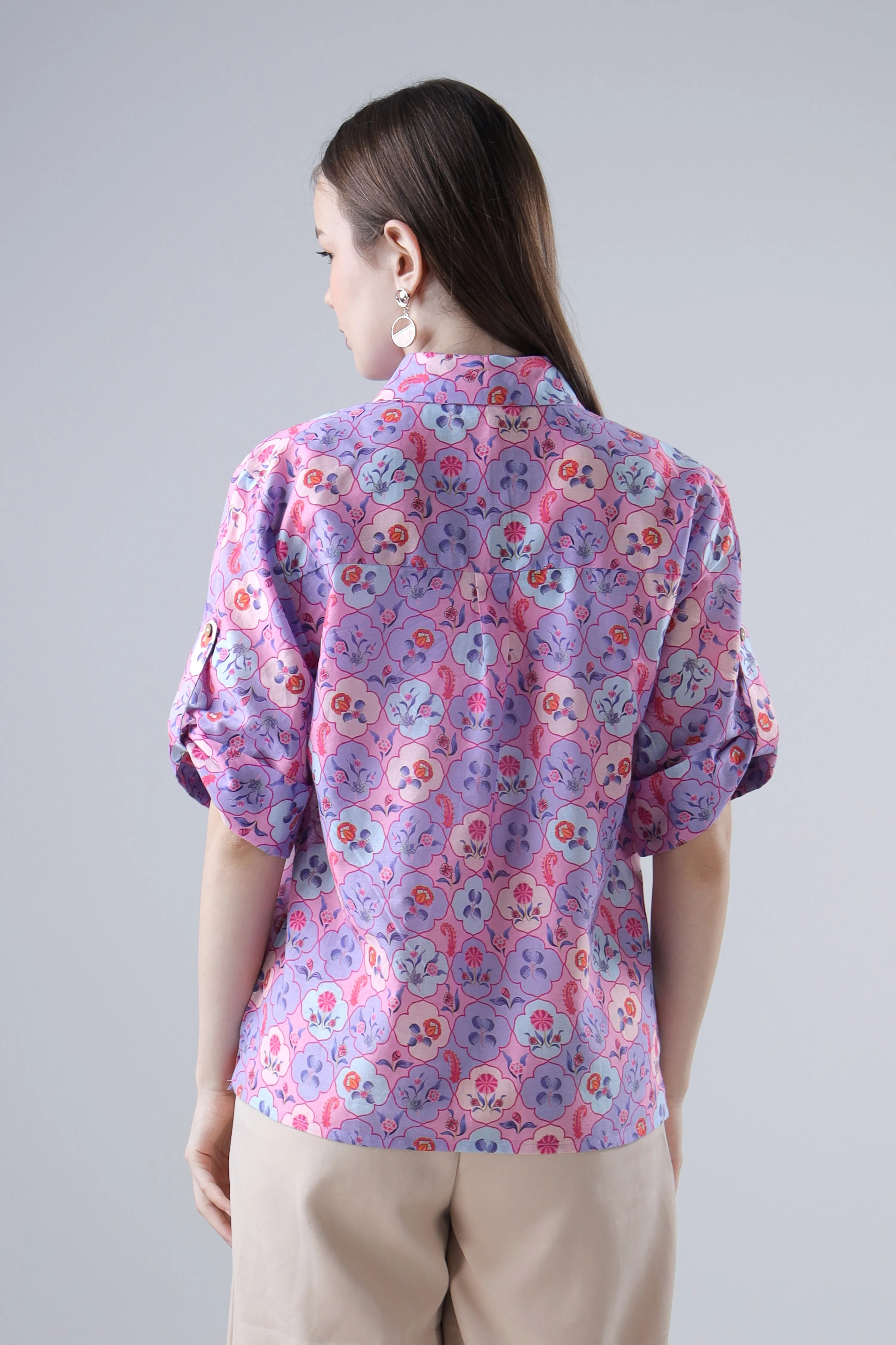 Seamless Mughal Print Roll Up Sleeve Cotton Shirt