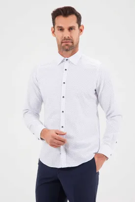 Slim Fit Navy Printed Cotton Blend Dress Shirt