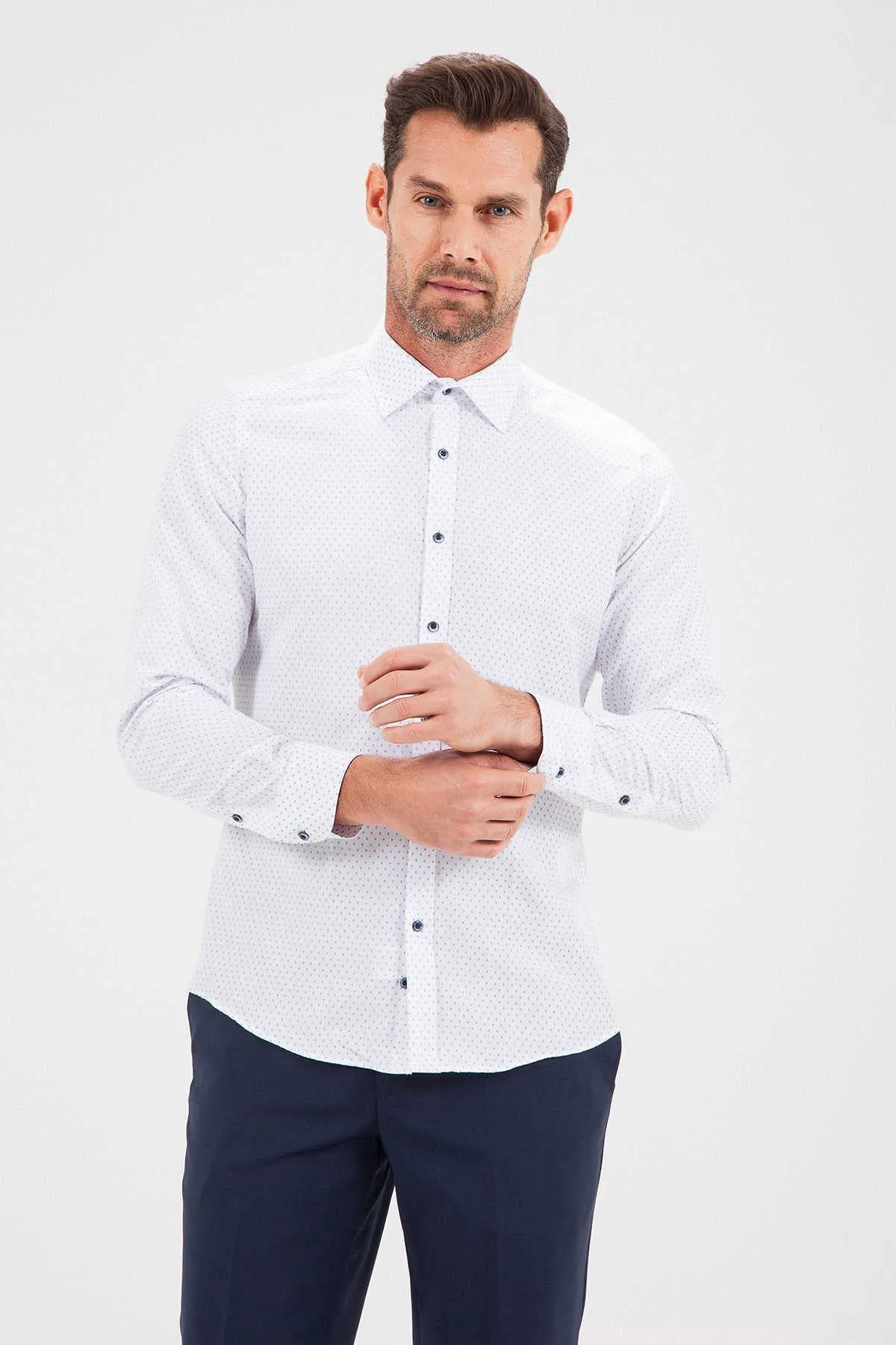 Slim Fit Navy Printed Cotton Blend Dress Shirt