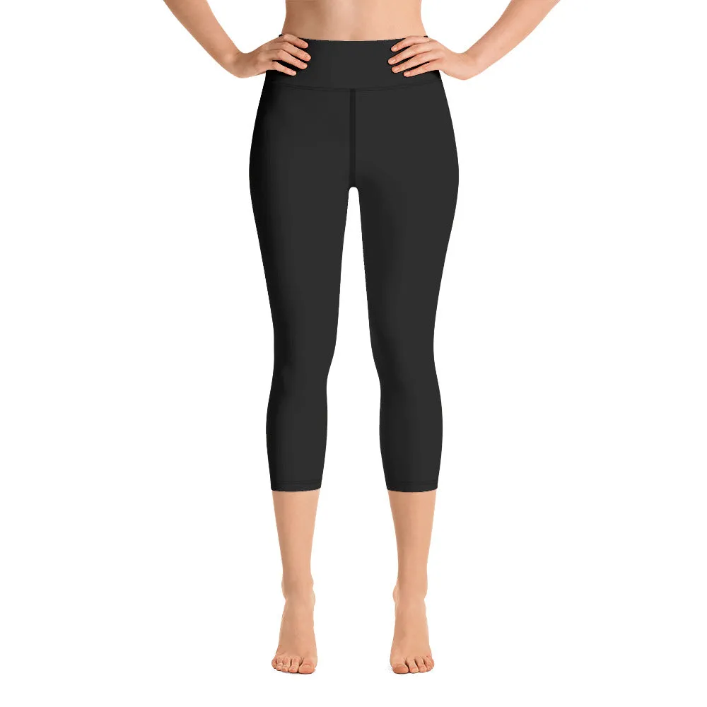 Solid Black Yoga Capri Leggings, Solid Black Color Designer Capris Tights-Made in USA/EU/MX