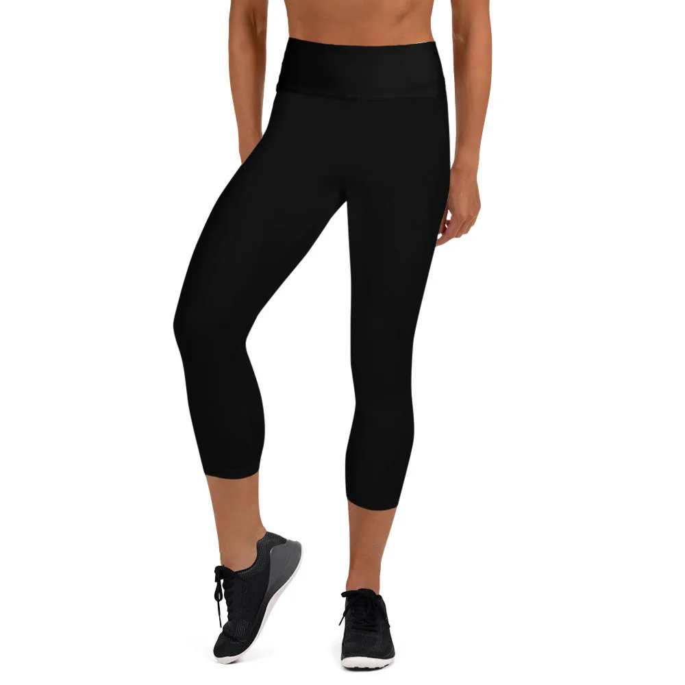 Solid Black Yoga Capri Leggings, Solid Black Color Designer Capris Tights-Made in USA/EU/MX