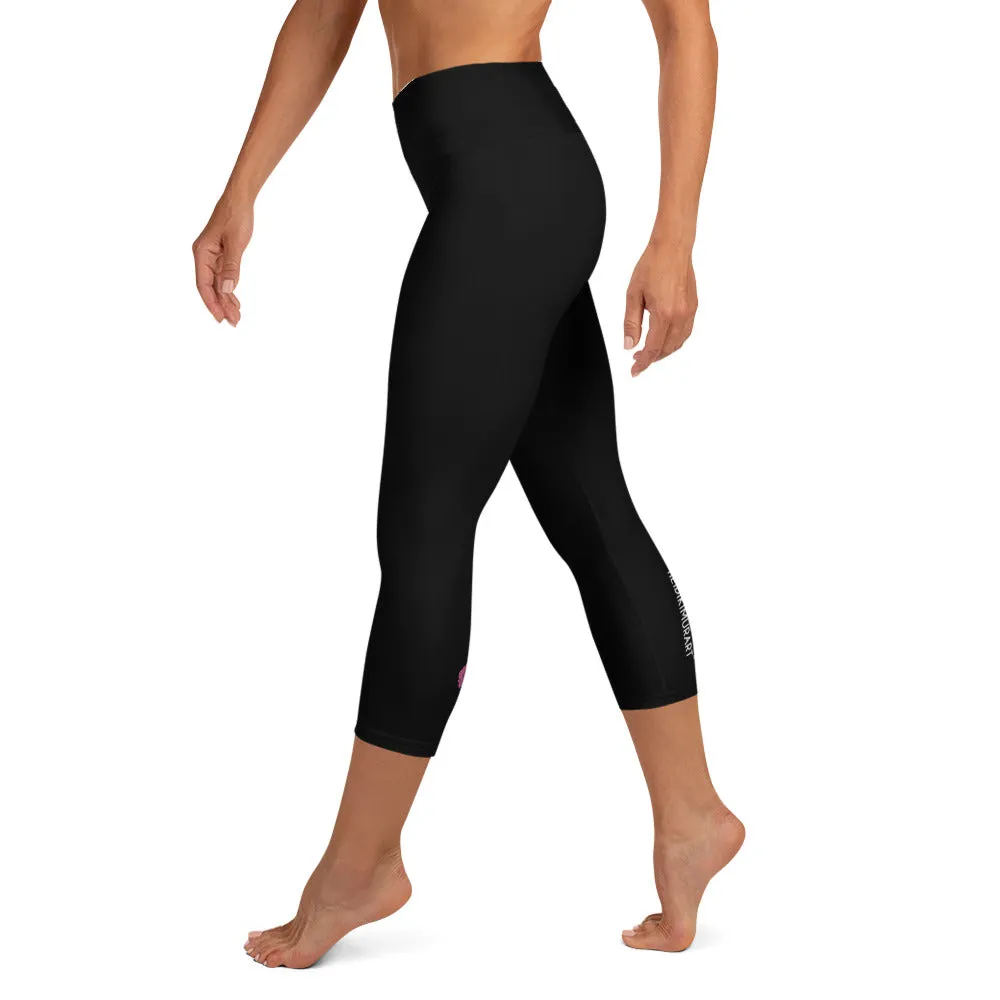 Solid Black Yoga Capri Leggings, Solid Black Color Designer Capris Tights-Made in USA/EU/MX